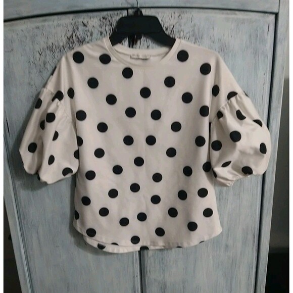 Zara Polka Dot Puff Sleeve Blouse Size Small White & Black Boho Artsy Feminine - Picture 1 of 11
